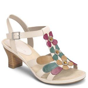 Aérosoles Momosa Beige/Cyclamen/Green Leather Stacked Heel Sandals Size US 6.5